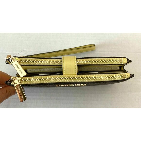 S Michael Kors Jet Set Signature Double-Zip Wristlet Brown Yellow NWT $198 - Picture 6 of 9